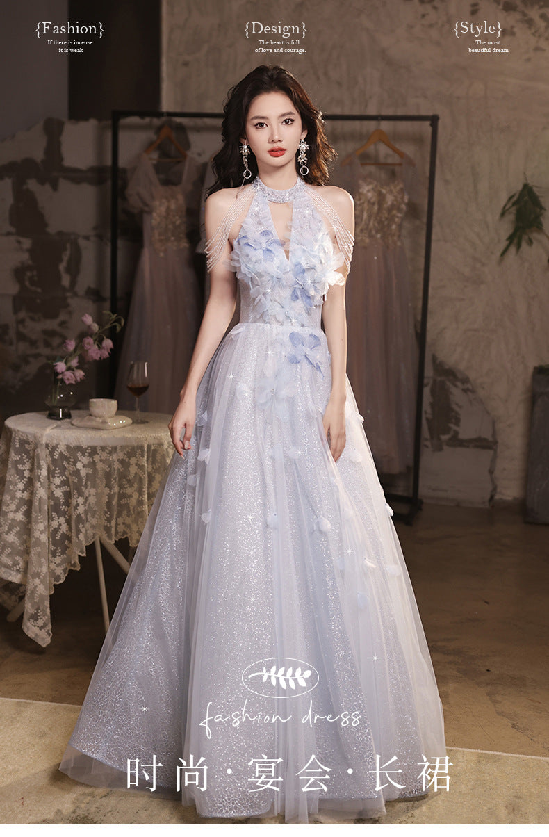 Wedding Dress Evening Dress for Women Light Luxury Minority High-End Blue Graduation High School Beautiful Umbrella Princess Dress Adult Ceremony Girl