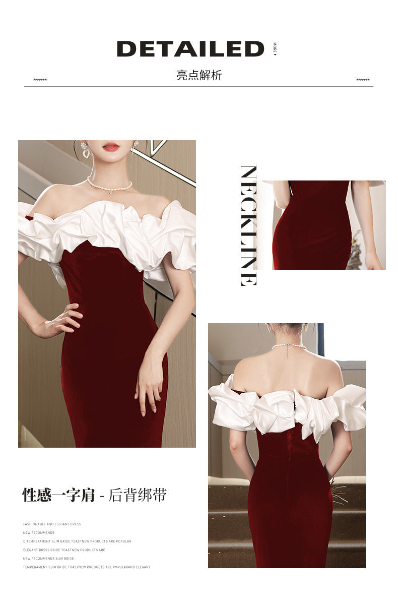 2024 New Summer Red Bardot Temperament Ladies Party Dress Host Dress Slim Fit Fishtail Dress