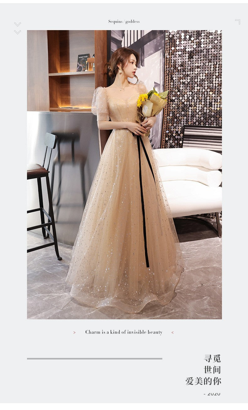 Banquet Evening Dress 2024 New Ladies Banquet Champagne Fairy Temperament Female Host Student Art Exam Dress