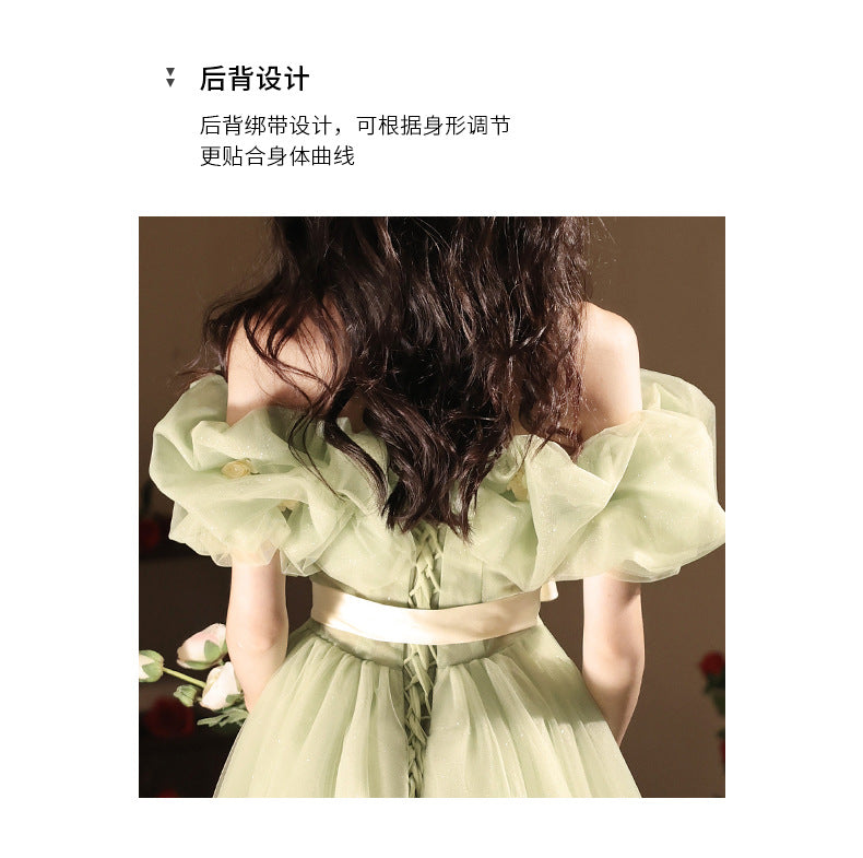 off-Shoulder Evening Dress High-End Affordable Luxury Niche Atmosphere Host Annual Party Dress Student Art Exam Performance Green