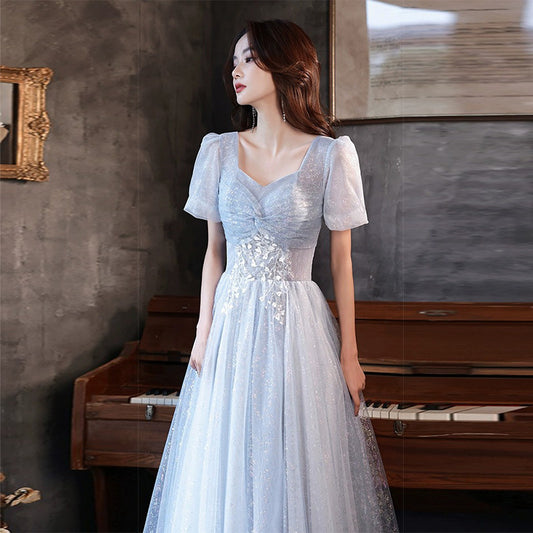 Art Exam Evening Dress Man Blue Female Banquet Temperament Vocal Music Host Costume Socialite Princess Style Dress