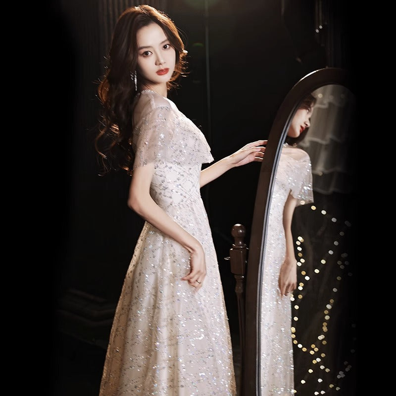 2024 New Sequined Evening Dress Women's High Sense Special Interest Light Luxury Banquet Temperament Annual Meeting Dinner Host