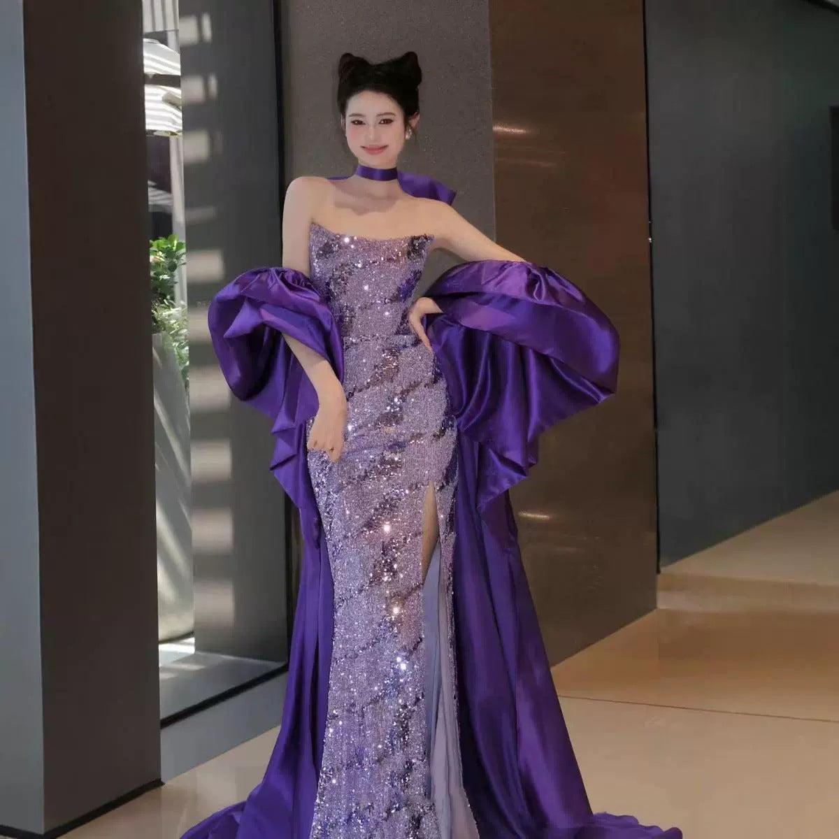 New Chinese Style Fishtail Evening Dress 2024 New Light Luxury Minority Morning Gowns Toast Dress Bride Purple Banquet Dress