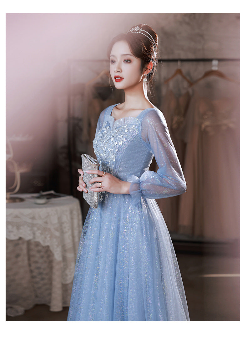 Blue Evening Dress for Women 2023 New High-Grade Banquet Temperament Long Sleeve Light Luxury Minority High-End Performance Art Exam Dress