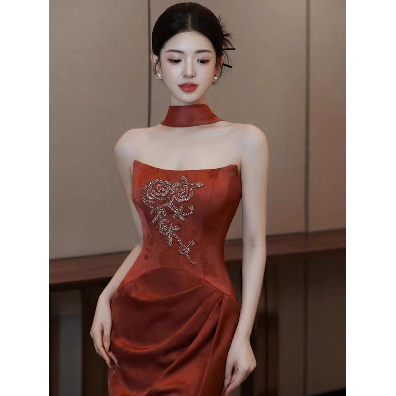 New Chinese Style Morning Gowns Women's 2024 New High-Grade Bride Engagement Formal Dress Toast Dress Tube Top out of Court Banquet Fishtail Skirt