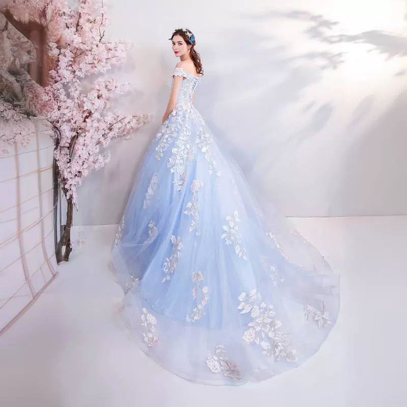 Super Fairy Wedding Dress 2024 Autumn Blue Flower Art Exam Catwalk Fashion Trend Foreign Trade Banquet Evening Dress for Women