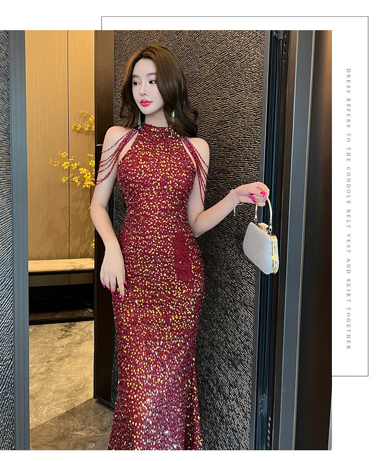 5135 Evening Dress for Women High-End Affordable Luxury Niche High Sense Banquet Temperament Host Sequined Adult Ceremony Fishtail Dress