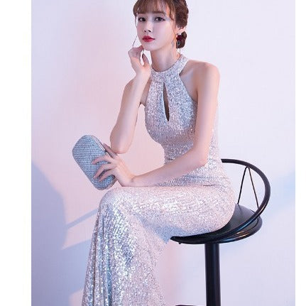 Spring and Summer Silver Evening Dress for Women 2024 New Niche Temperament Ladies Annual Meeting Host Fishtail Dress Evening Dress Wholesale