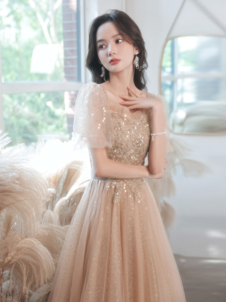 Champagne Evening Dress for Women Banquet Temperament Light Luxury Minority High-End High-Grade Host Summer Art Exam Engagement Dress