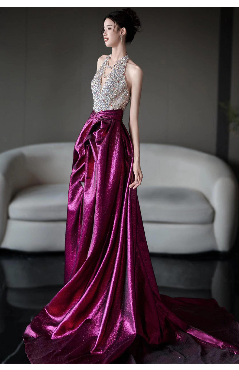 Halter Evening Dress 2024 New High Sense Heavy Industry Beads Banquet Temperament Host Bride Engagement Toast Clothing