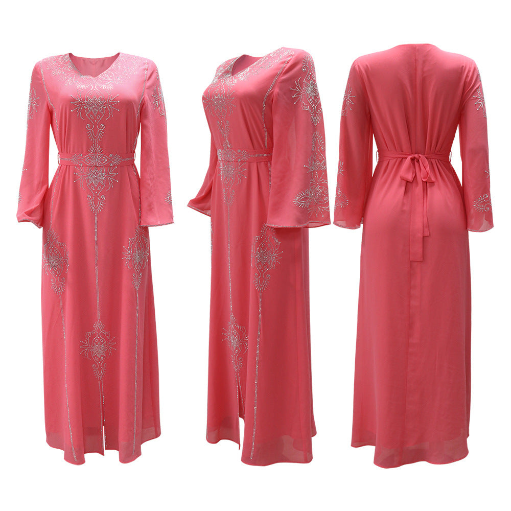 Xqy500176 Saudi Arabia Dubai Fashion Rhinestone Dress Summer Chiffon Robe Middle East Women's Dress