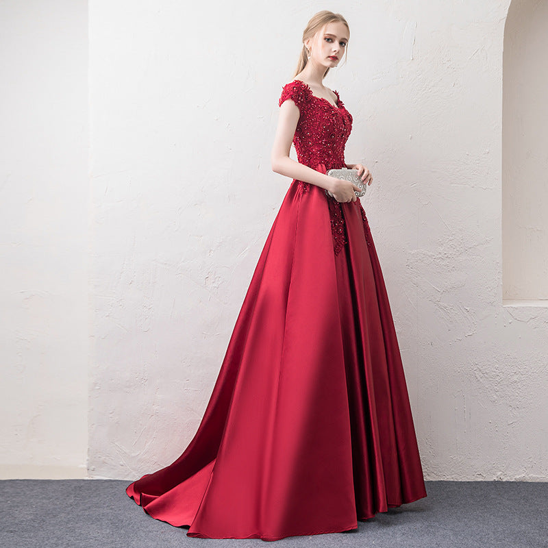 off-Shoulder Wine Red Toast Dress Bride 2024 New Marriage Engagement Wedding Family Visiting Shoes Banquet Evening Dress