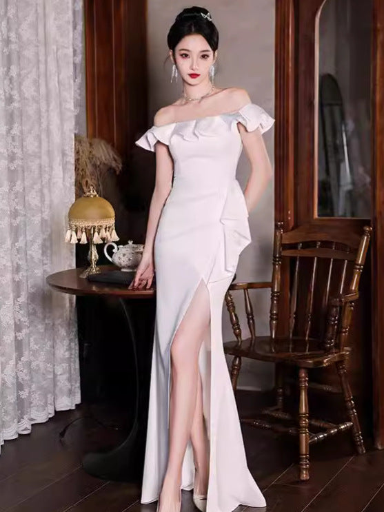 White Bridal Evening Dress Host off-Shoulder Ruffled Dress Fishtail Advanced Adult Ceremony Split Dress