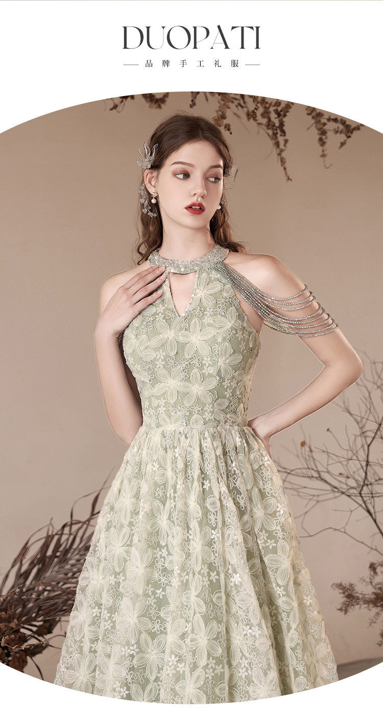 Halter Evening Dress 2024 New Printed Lace Toast Dress Bride Marriage Engagement Long Dress Elegant Slimming Green