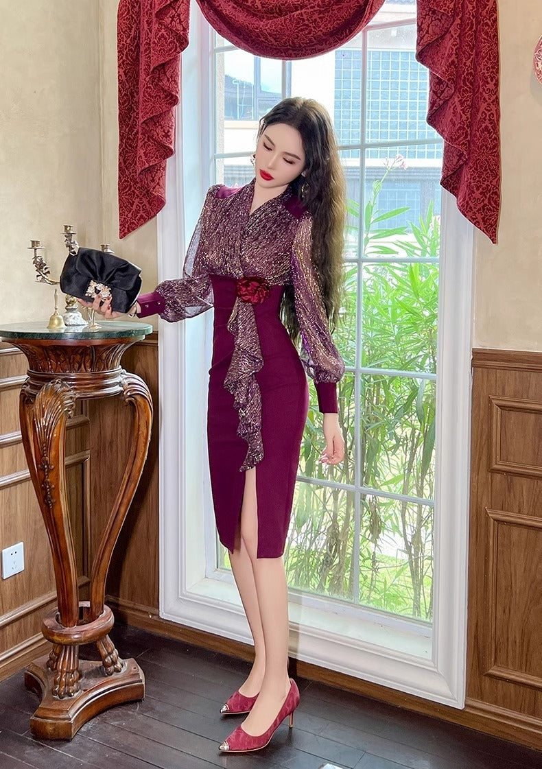 New Fall Women's Clothing Slim Fit Slimming Long Sleeves Dress Elegant High Sense Light Luxury Minority Red Engagement Dress