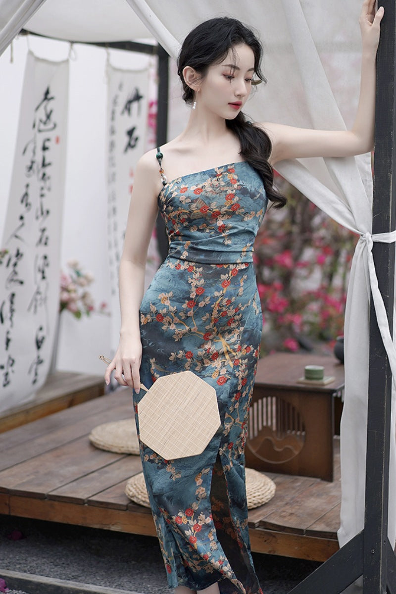 2024 Summer New High Sense Slim-Fit Figure Flattering Long Dress Retro Color Printing Sleeveless Split Dress National Style