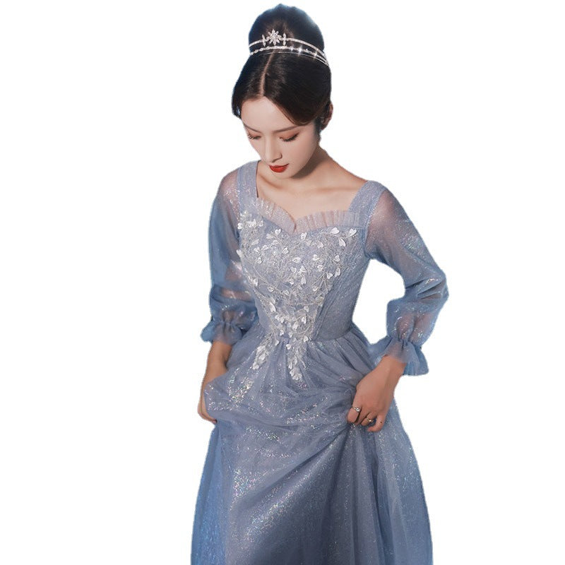 High-End Blue Dress High-End Sense Banquet Host Fairy Vocal Music Student Art Exam Dress Student Performance Dress