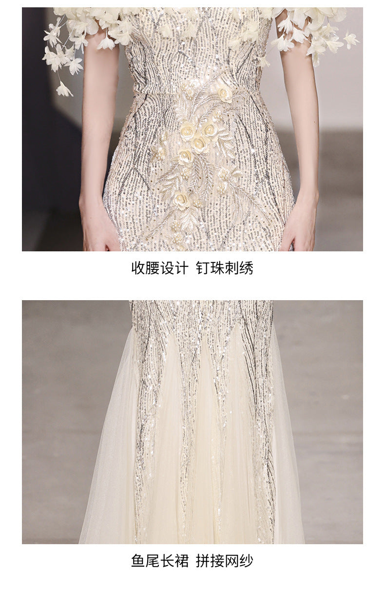 Fishtail Evening Dress 2024 off-Shoulder High-End Affordable Luxury Niche High-End Host Sequined Annual Meeting Dinner Flash