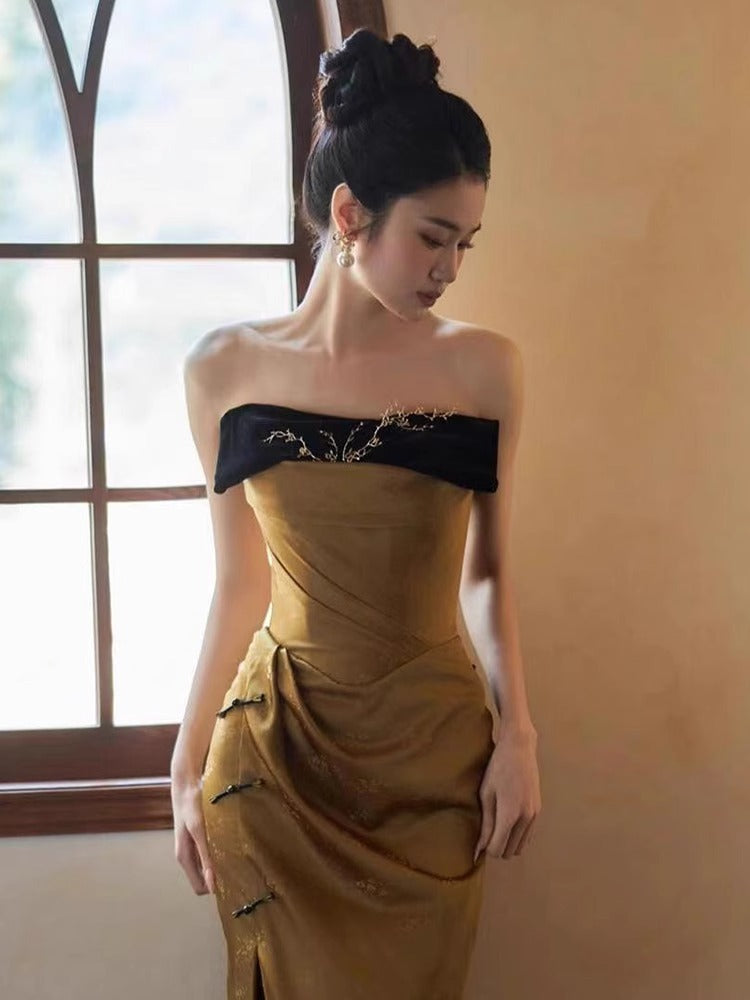 Morning Gowns Women's 2024 New High-Grade New Chinese Style Tube Top Toast Clothing Niche Retro Slit Bride Engagement Formal Dress