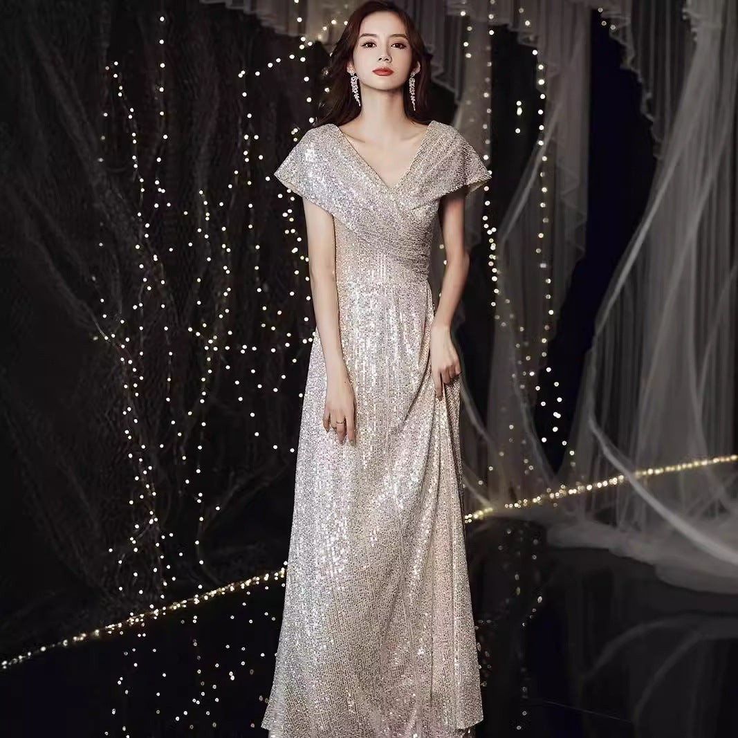 Banquet Evening Dress 2024 New High Sense V-neck Sequins Special Interest Light Luxury Performance Host's Dress Dress