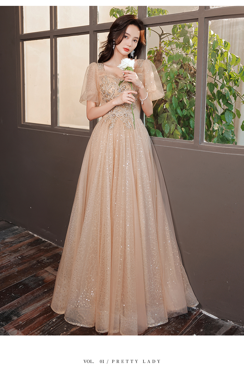 Champagne Evening Dress for Women Banquet Temperament Light Luxury Minority High-End High-Grade Host Summer Art Exam Engagement Dress