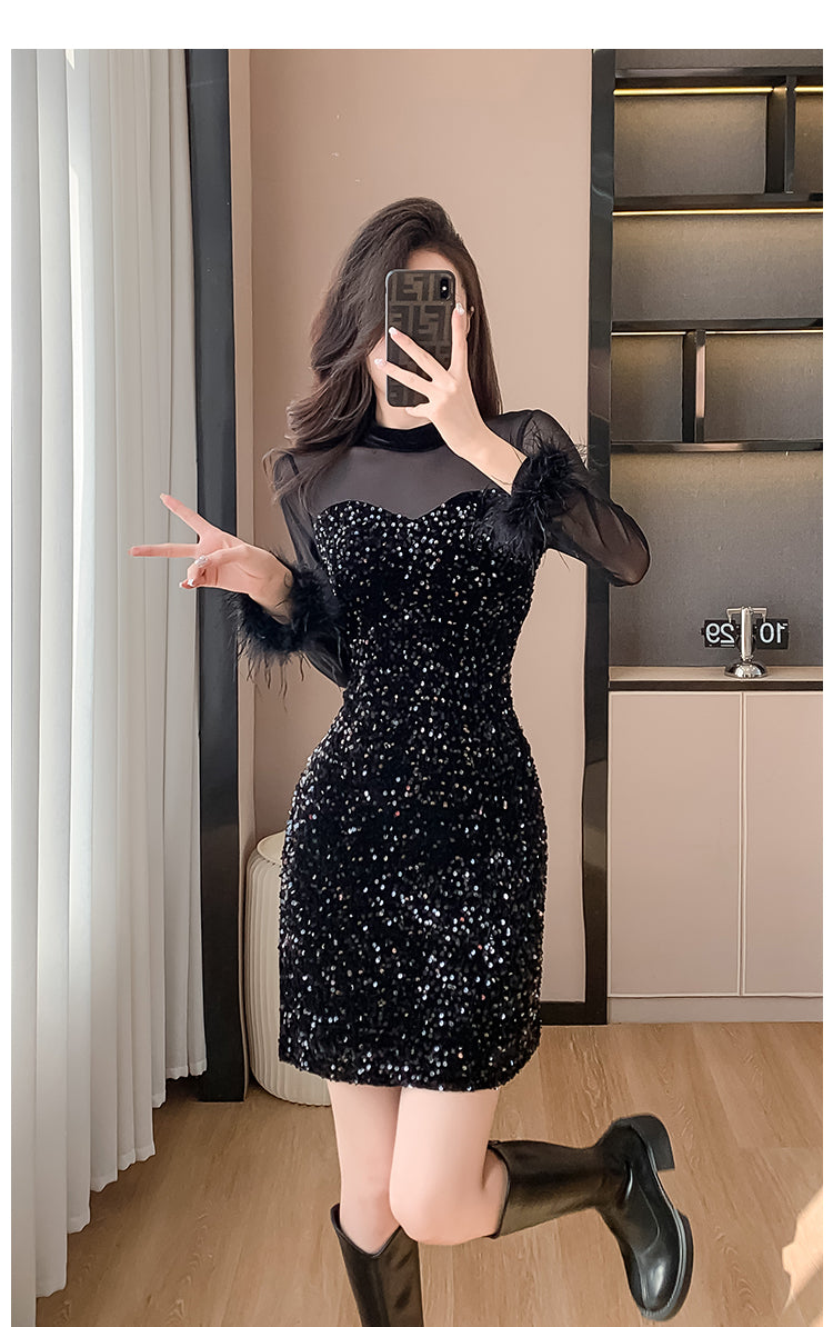 2023 Mesh Stitching Sequins Dress Women's French Entry Lux Sexy Waist Trimming Banquet Dress Sheath Black Dress