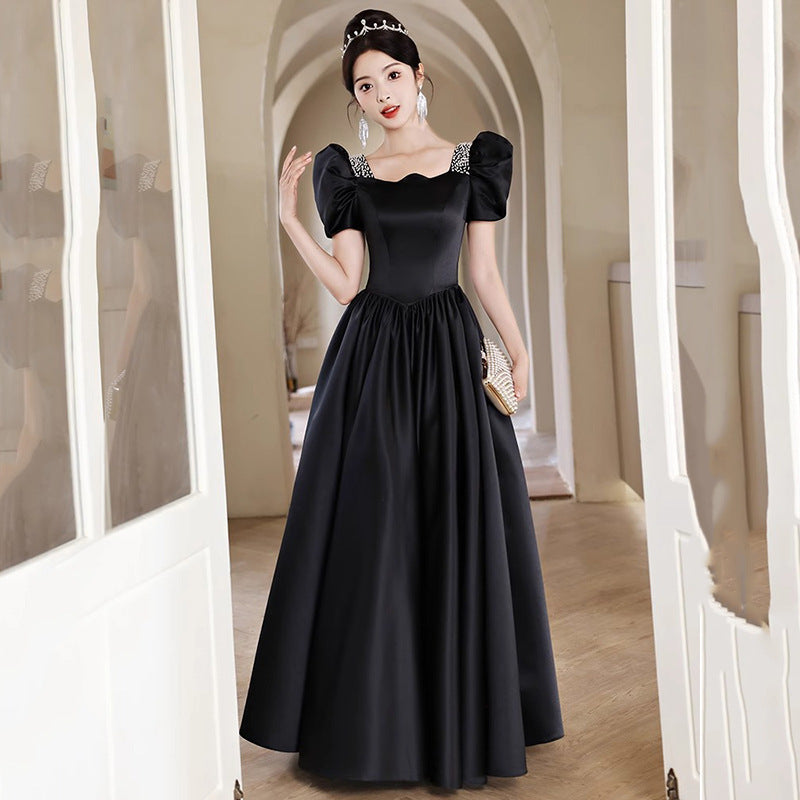 Black Evening Dress Women's Satin High Sense High-End Affordable Luxury Niche Banquet Adult Ceremony Temperament Host Art Test