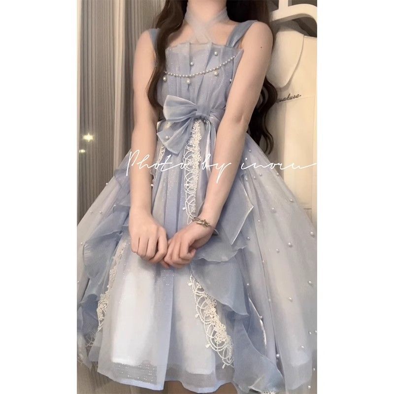 French First Love Sweet Dress Lolita Princess Birthday Little Dress Ruffled Spaghetti Straps Dress High Sense