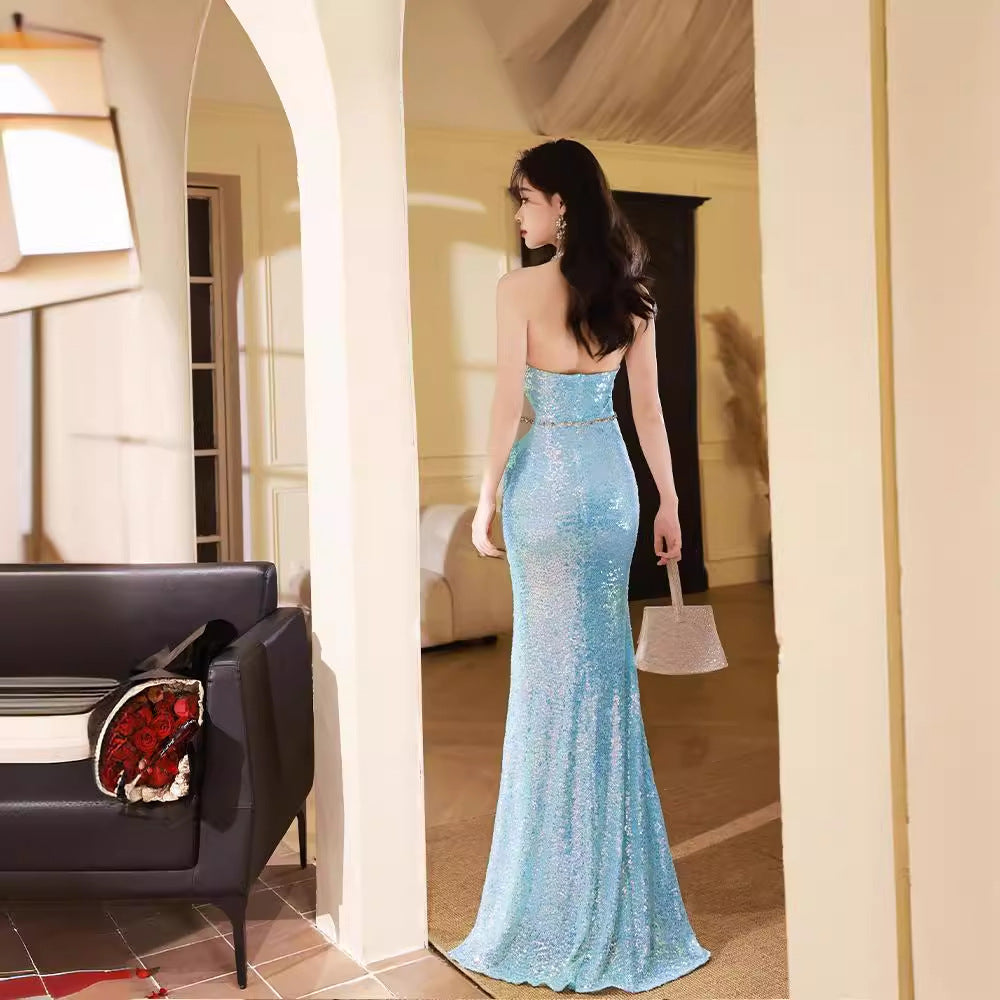 Super Fairy Mermaid Evening Dress Toast Dress Women's Performance Halter off-Shoulder Dress Host Dress Fashion Temperament