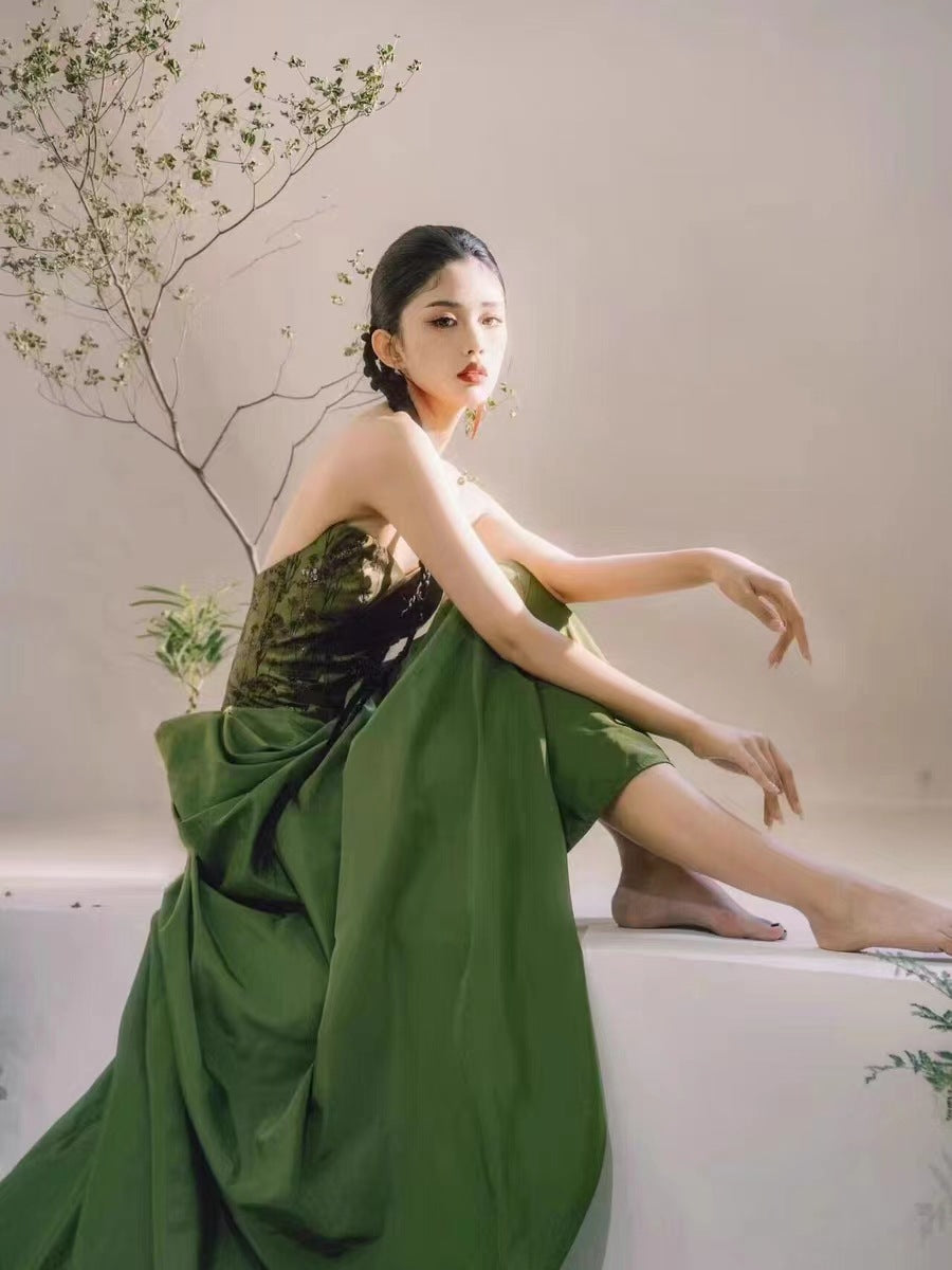 Green New Chinese Style Morning Gowns Dress Toast Dress Bride Engagement Dress Light Luxury Minority Long Tube Top Dress