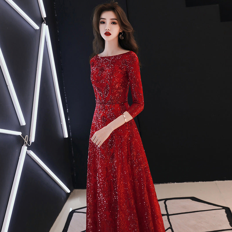 Bridal Toast Clothing 2024 Summer New Wine Red Marriage Engagement Back-to-Door Long Dinner Chinese Style Toast Dress