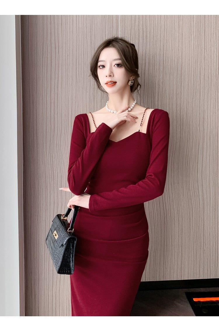 Chic French Style Chain Square Collar Dress Women's Elegant Bodycon Sheath Dress Niche Split Evening Dress Isn