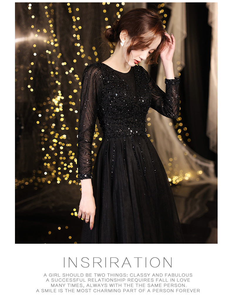 Black Evening Dress Female 2024 Autumn New Master Host Art Exam Dress Choral Performance Long Dress