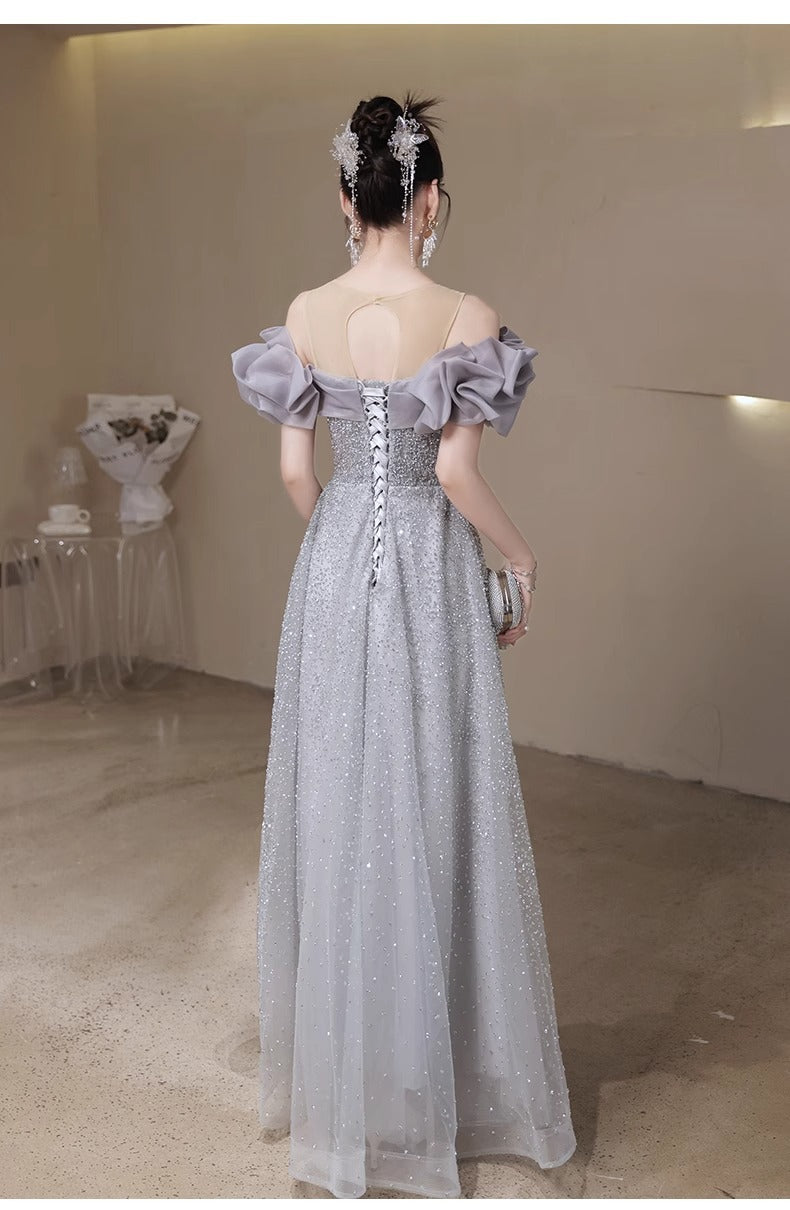 off-Shoulder Evening Dress for Women 2024 New High-End Fairy Host Dress Slim Fit Adult Ceremony Banquet Dress