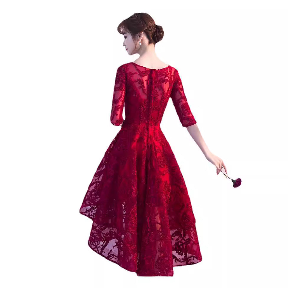 Toast Dress Bridal Elegant Lace Evening Dress Women's Banquet Wine Red Engagement Waist Front Short Back Long Dress