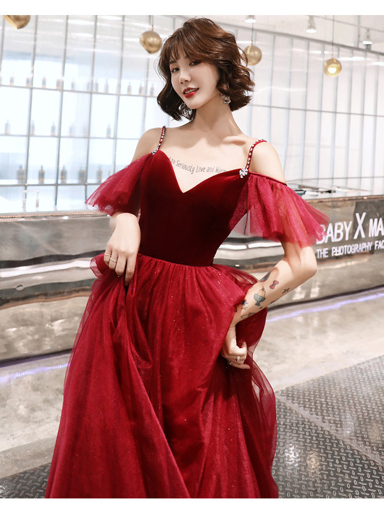 Toast Dress Bride Wine Red Dress Slimming Temperament 2022 New Banquet Strap Handmade Marriage Engagement Dress