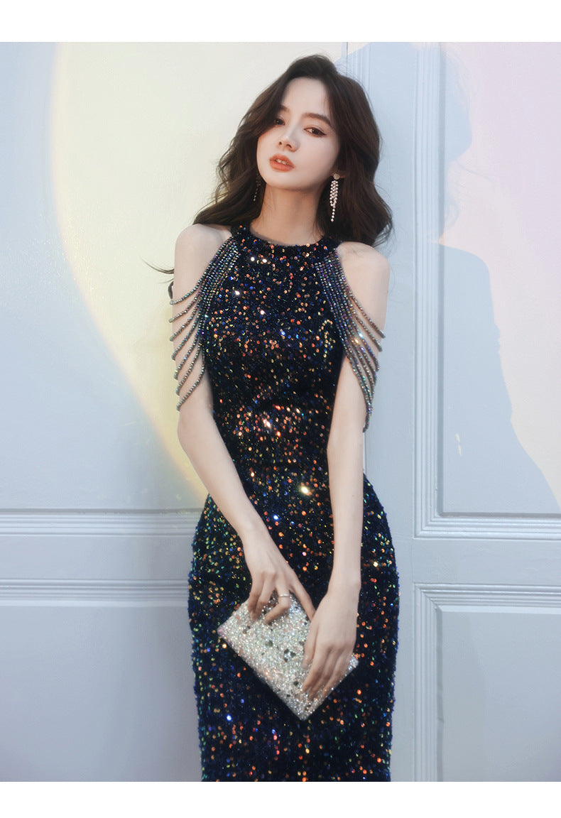 Black Evening Party Dress Sequined New Banquet Short-Length Halter Fishtail Socialite Gathering Temperament Host Jumpsuit Skirt