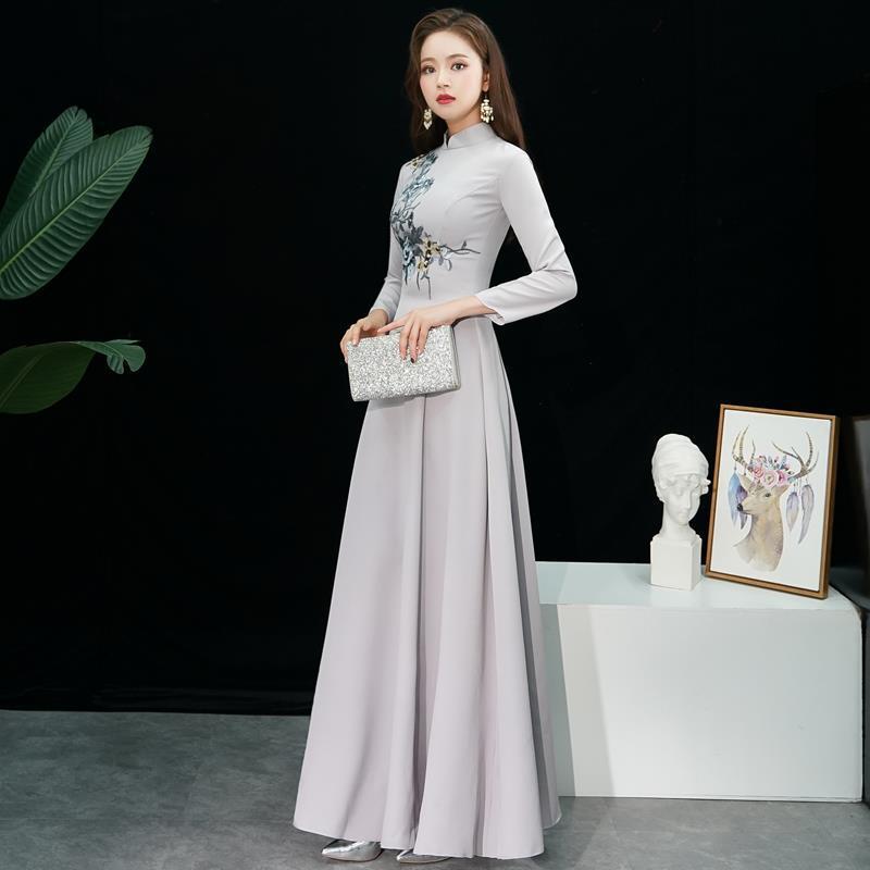 Machine Embroidery Improved Cheongsam 2024 New Long Dress Elegant over-the-Knee Embroidered Cheongsam Dress