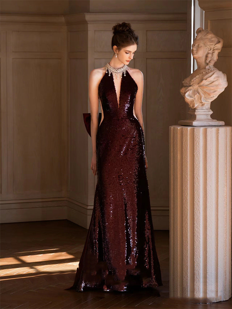 TOAST Clothing 2024 New High Sense Wine Red Bride Engagement Formal Dress Banquet Temperament Host Evening Dress Women