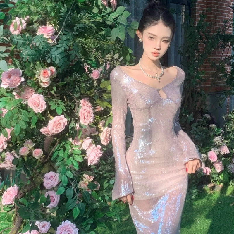 European and American Style Hollow Design Sense Sequins Dress 2024 Spring and Autumn New High Sense Niche Socialite French Sexy