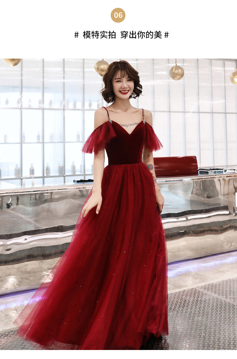 Toast Dress Bride Wine Red Dress Slimming Temperament 2022 New Banquet Strap Handmade Marriage Engagement Dress