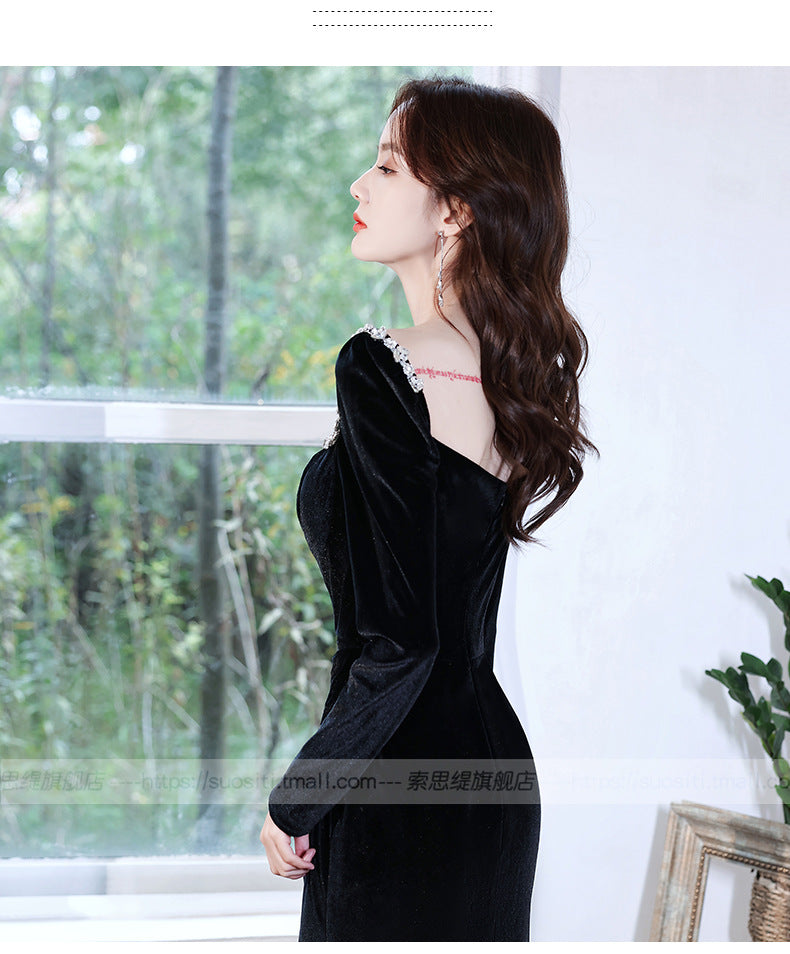 Black Evening Dress 2024 New Banquet Temperament Long Slim Fishtail Split Velvet Socialite Host's Dress