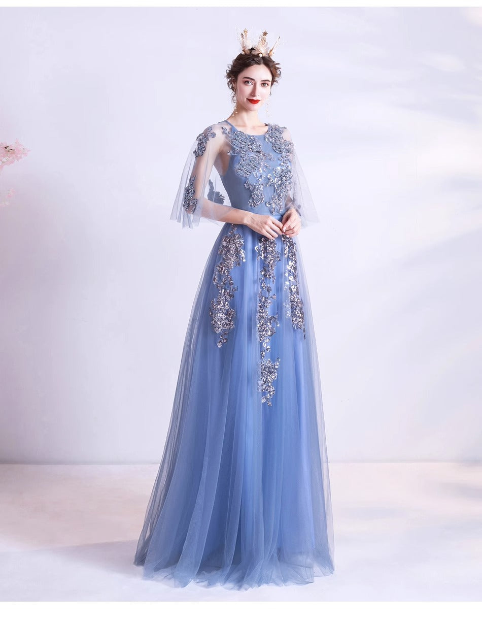 Blue Veils Slimming Banquet Annual Meeting Stage Performance Host Wedding Dress Evening Gown 273