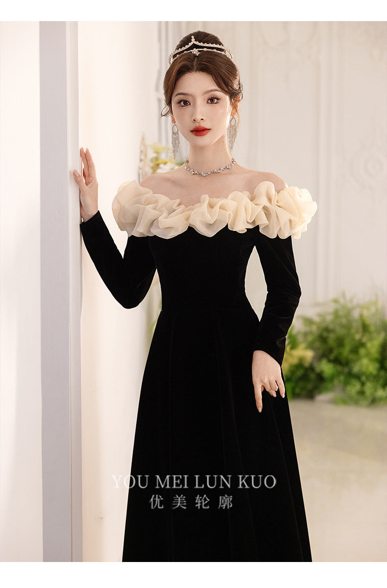 off-Shoulder Black Evening Dress 2024 New Banquet Temperament Host French Entry Lux Niche Long Sleeve Autumn and Winter