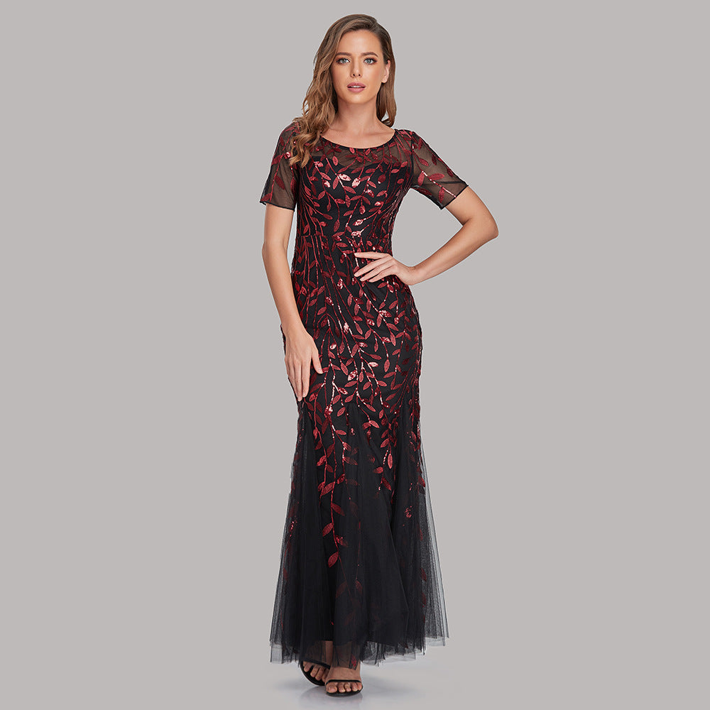 Spring and Summer Cross-Border 2024 Banquet Host European and American Slim Mesh Sequins Evening Dress Fishtail Dress Women