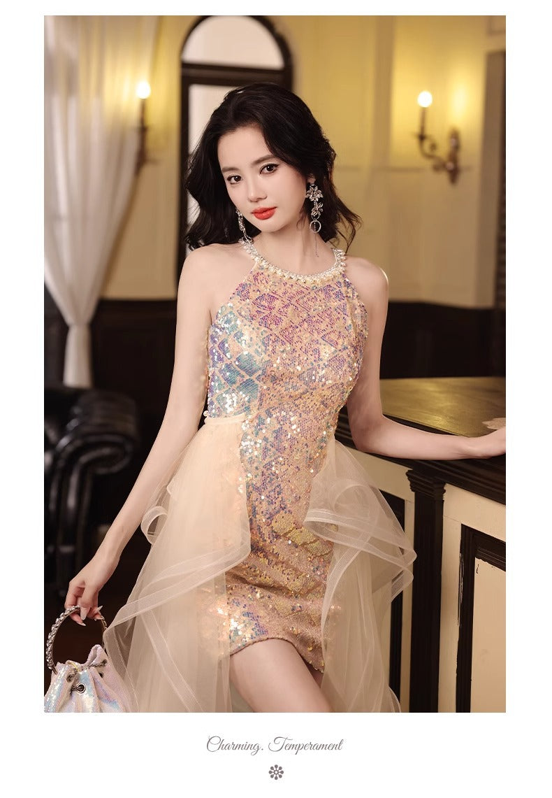 Short Party Little Evening Dress Skirt Women's Banquet Light Luxury Daily Style Sequins Dress Temperament Socialite Gathering