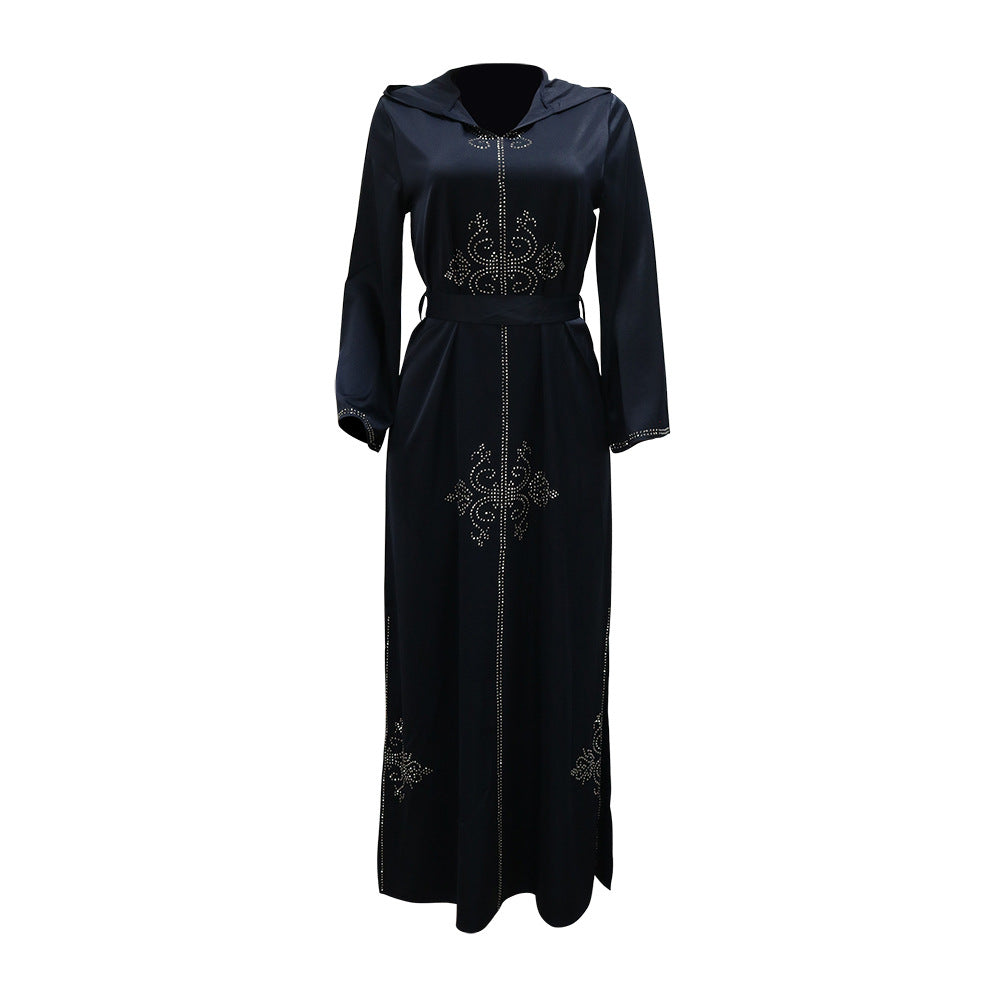 Xqy500157 Middle East Abaya Ethnic Style Dress Hooded Robe Fashion Diamond-Embedded Slits Lower Hem Dress