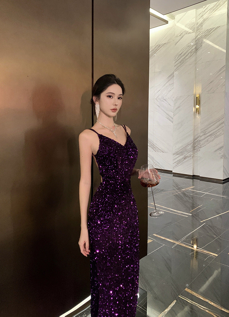 2024 New Small Dress High-Grade Temperament Socialite Heavy Embroidery Sequins Purple Bare Back Sling Dress