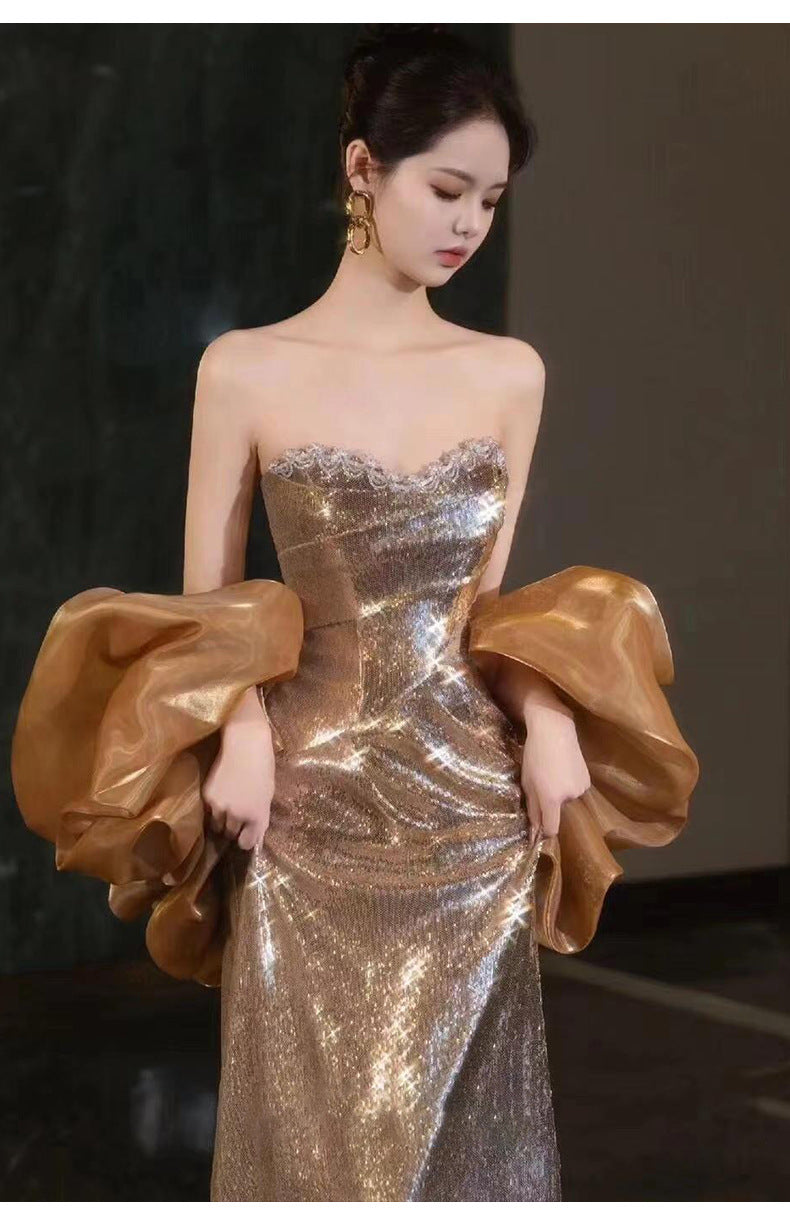 Golden Evening Dress 2024 High-Grade Wine Red Tube Top Bride Engagement Toast Dress Banquet Temperament Host