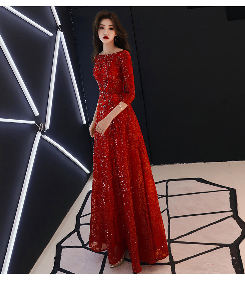 Bridal Toast Clothing 2024 Summer New Wine Red Marriage Engagement Back-to-Door Long Dinner Chinese Style Toast Dress